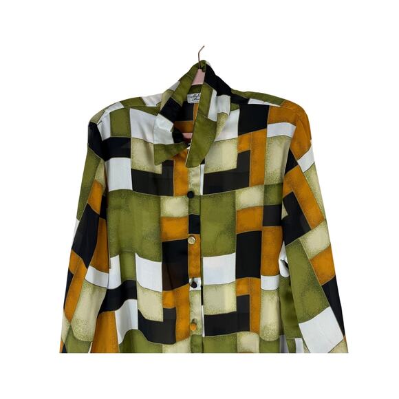 Vtg Melissa Robyn Color Block Semi Sheer Long Sleeve Collar Blouse Top Size L - Picture 2 of 8